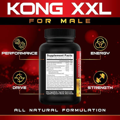 Kong XXL- Ultimate Male Performance and Enlargement Pills for Men- Add 3-6” in 60 Days- Enhanced Size, Drive, Strength and Endurance - Boost Performance- 60 Tablets