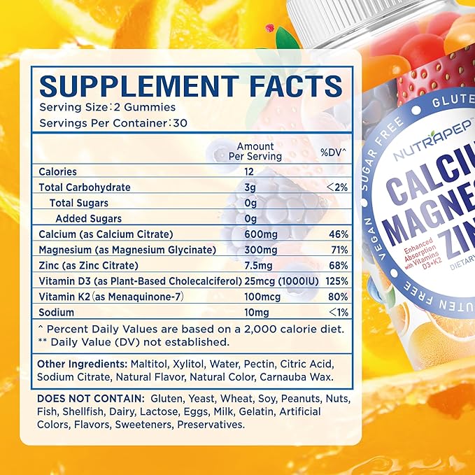 Calcium Magnesium Zinc Supplement Gummies - with Vitamin D3 K2 Magnesium Glycinate - Orange Berry Flavored Vegan Sugar-Free Gluten Free Chewable for Men Women Kids