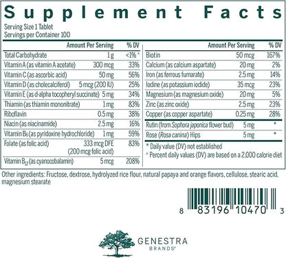 Genestra Brands Children's Chewable Vitamins | Vitamin-Mineral Supplement | 100 Chewable Tablets | Natural Papaya and Orange Flavor
