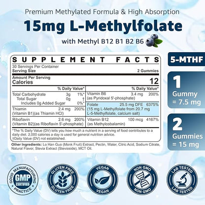 L-MethylFolate 15mg & Methyl B12 Gummies, Methylated B1, B2, B6 Multivitamins - Active 5-MTHF & High Absorption - Supports MTHFR Gene, Cognition, Homocysteine Levels, Folate Metabolism, Vegan, 120 Cts