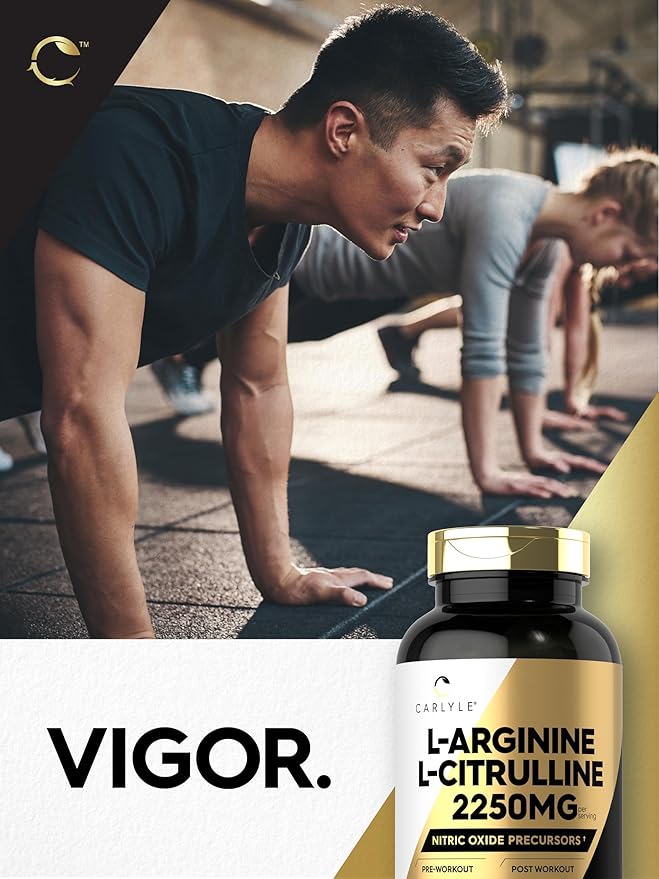 Carlyle L-Arginine L-Citrulline Supplement | 2250mg | 240 Capsules | Nitric Oxide Precursors | Free Form | Non-GMO & Gluten Free