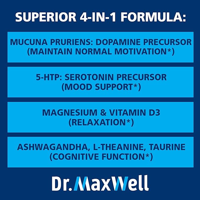 Serotonin and Dopamine Supplements, Better Than Dopamine or Serotonin Support Only. Helps Maintain Normal Neurotransmitter Levels. Mucuna Pruriens, 5-HTP, 60 Capsules Women Men