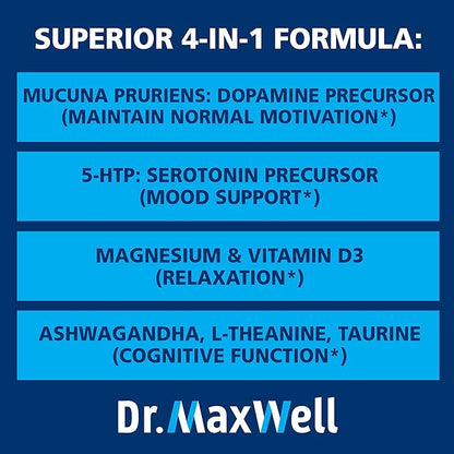 Serotonin and Dopamine Supplements, Better Than Dopamine or Serotonin Support Only. Helps Maintain Normal Neurotransmitter Levels. Mucuna Pruriens, 5-HTP, 60 Capsules Women Men