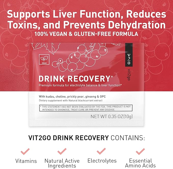 Drink Recovery Electrolytes Powder 250g with Vitamins, Vegan Electrolyte Packets for Hydration & Liver Detox, Blackcurrant Flavor (25 Portions)