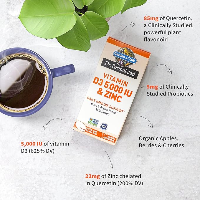 Garden of Life Quercetin Zinc Once Daily Immune Support Supplement with Vitamin D3 for Bone Health, Breast Health & Skin Health, Dr Formulated - Gluten Free, Non GMO, Carbon Neutral – 30 Mini Tabs