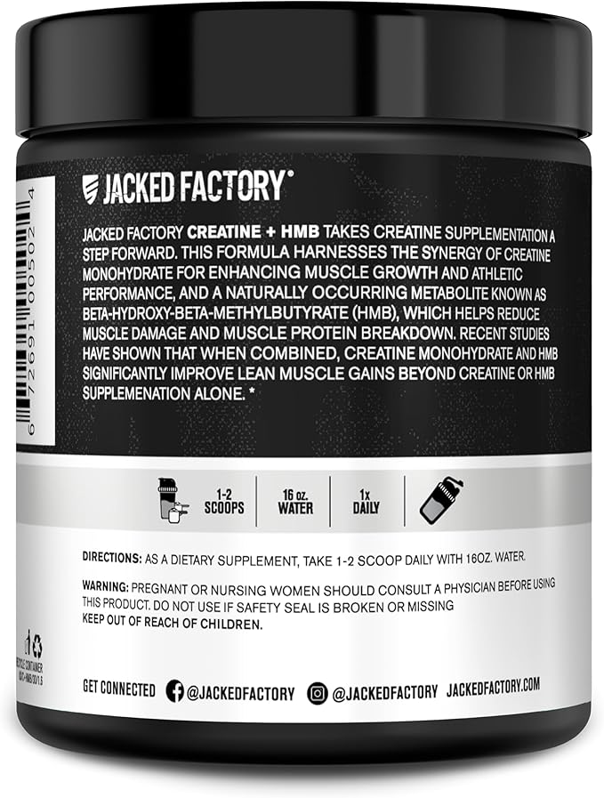 Jacked Factory Creatine Monohydrate + HMB - Creatine HMB Supplement & Lean Muscle Building Agent with Vitamin D - Increase Muscle Growth, Strength, Enhanced Energy - 30 Servings, Unflavoured