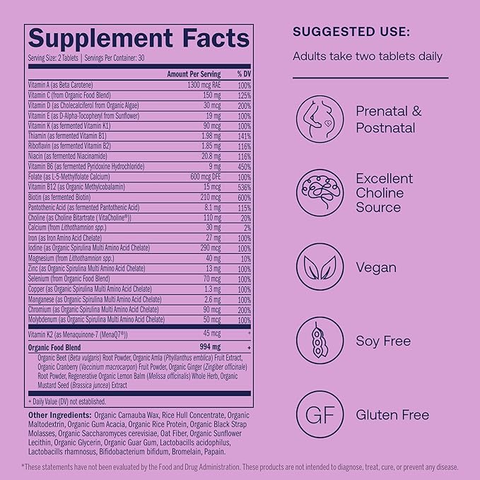 True Grace Prenatal Multivitamin - 60 Vegan Tablets - Supports a Healthy Mom & Baby with Methylfolate & Choline for Fetal Brain Development - Gluten Free, Soy Free - 30 Servings