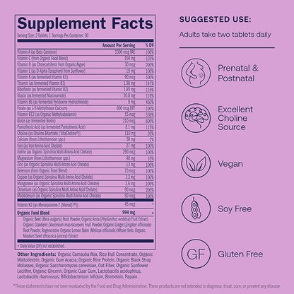 True Grace Prenatal Multivitamin - 60 Vegan Tablets - Supports a Healthy Mom & Baby with Methylfolate & Choline for Fetal Brain Development - Gluten Free, Soy Free - 30 Servings