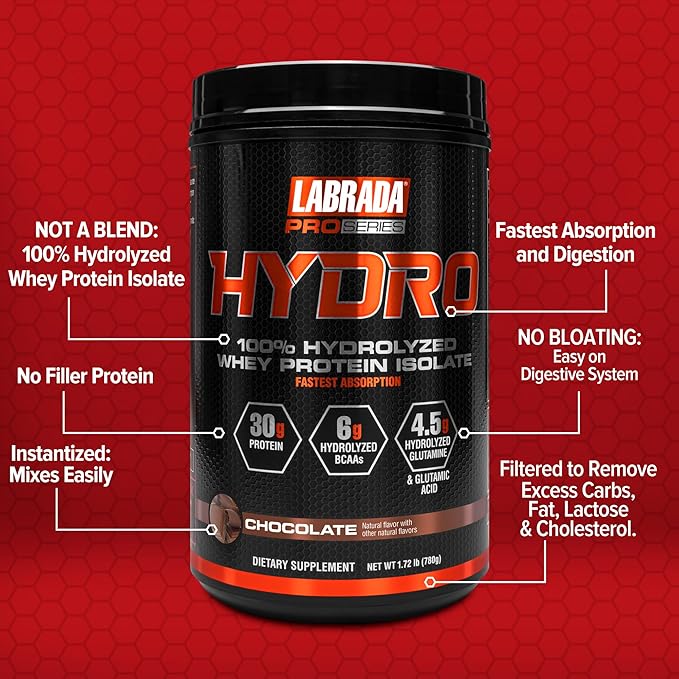 Labrada Hydro 100% Pure Hydrolyzed Whey Protein Isolate Powder, Lactose Free, Fastest Digesting, Instant Mixing,Delicious Taste 20 Servings(Chocolate)