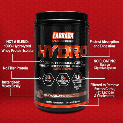 Labrada Hydro 100% Pure Hydrolyzed Whey Protein Isolate Powder, Lactose Free, Fastest Digesting, Instant Mixing,Delicious Taste 20 Servings(Chocolate)