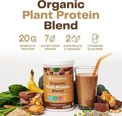Amazing Grass Organic Plant Protein Blend: Vegan Protein Powder, New Protein Superfood Formula, All-In-One Nutrition Shake With Beet Root, Original, 18 Servings (Chocolate Peanut Butter)