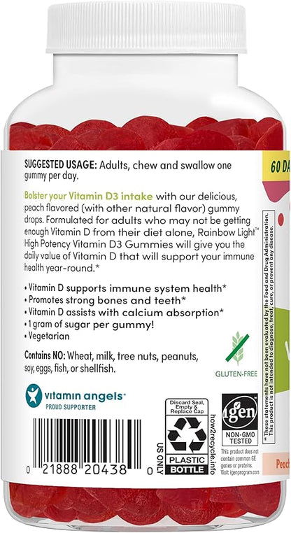 Rainbow Light Vitamin D Gummies, High Potency Vitamin D3 2,000IU Immune Health Support, Helps Support Strong Bones & Teeth, Gluten Free, Vegan, Peach, 60 Gummies