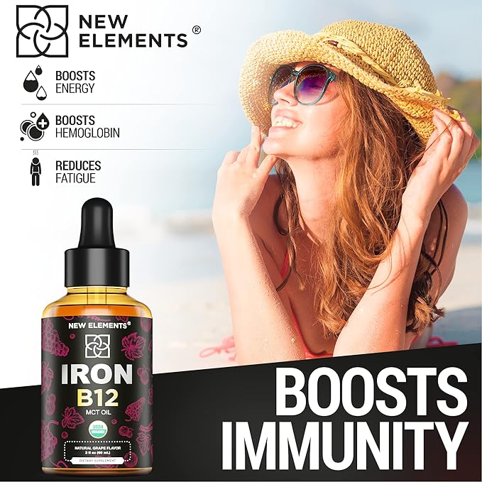 Liquid Iron Supplement for Women & Men with Vitamin B12 5000mcg - Free Blood Builder for Anemia - Liquid Vitamin B12 Drops for Adults with MCT Oil, Natural Grape Flavor, 2 Fl Oz