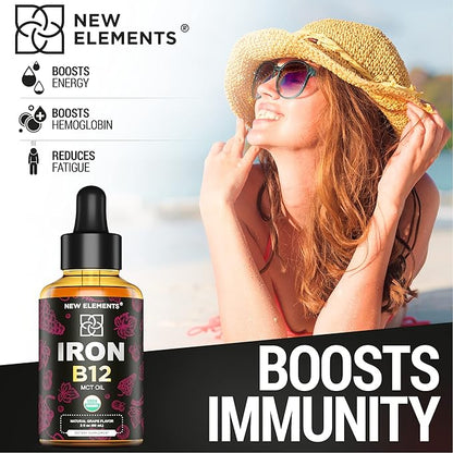 Liquid Iron Supplement for Women & Men with Vitamin B12 5000mcg - Free Blood Builder for Anemia - Liquid Vitamin B12 Drops for Adults with MCT Oil, Natural Grape Flavor, 2 Fl Oz
