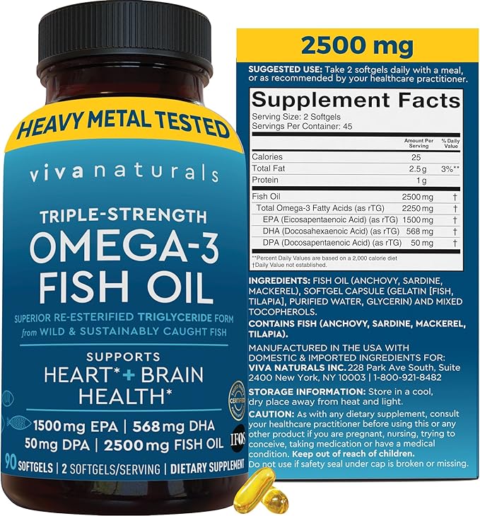 Fish Oil Omega 3 Supplement for Women - Triple Strength 2500 mg Fish Oil Pills with DPA DHA EPA Omega 3 Supplement with Re-Esterified Omega 3 Fatty Acids - 90 Pescatarian-Friendly Softgels