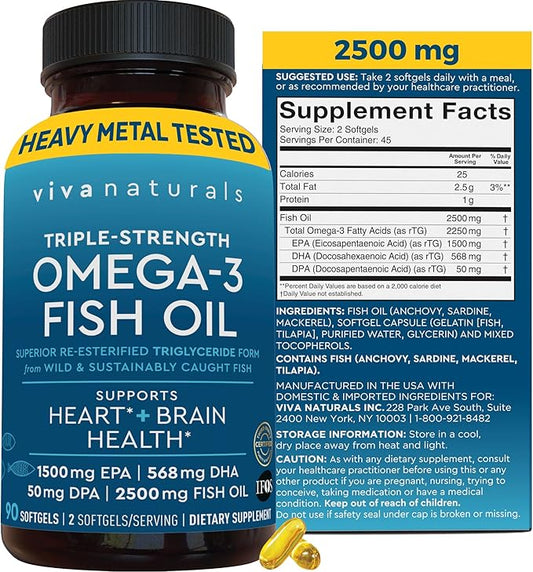Fish Oil Omega 3 Supplement for Women - Triple Strength 2500 mg Fish Oil Pills with DPA DHA EPA Omega 3 Supplement with Re-Esterified Omega 3 Fatty Acids - 90 Pescatarian-Friendly Softgels
