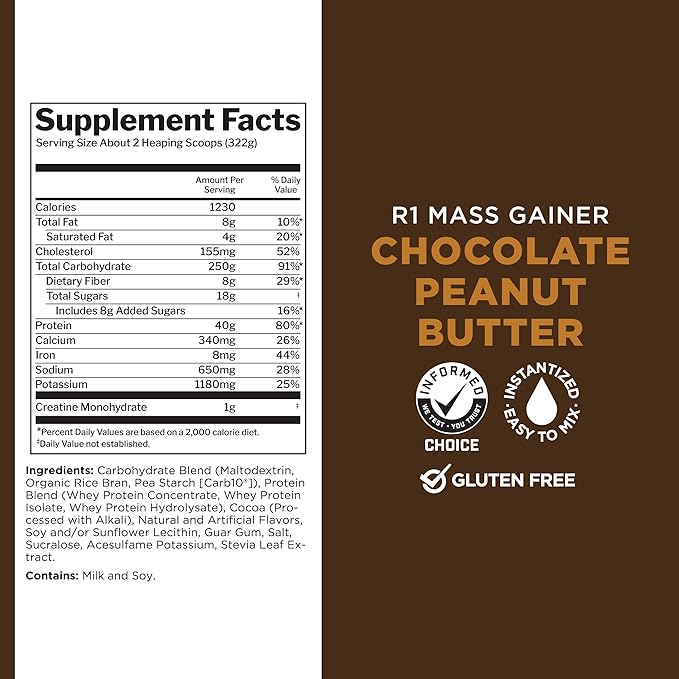 Rule One Proteins, Mass Gainer- Chocolate Peanut Butter, High-Calorie Weight Gain Formula w/ 1,220+ Calories, 250g+ Complex Carb Blend, 40g All-Whey Protein, 8g Fat Per Serving, 12 Pounds, 16 Servings