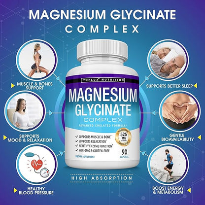 Magnesium Glycinate 525mg - High Absorption Chelated Magnesium Supplement Made with Pure Magnesium Glycinate - Supports Muscles, Sleep, Cramps, Recovery Bisglycinate Complex Vegan Non-GMO 90 Capsules