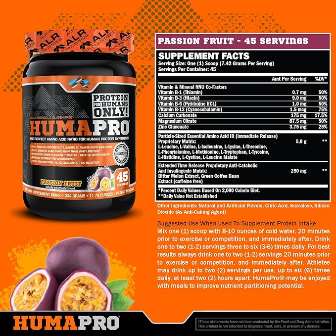 Humapro | Amino Acids Protein Matrix for Humans | 99% Utilization for Lean Muscle | Vegan, Gluten Free | 334g / 45 Servings (Passion Fruit)
