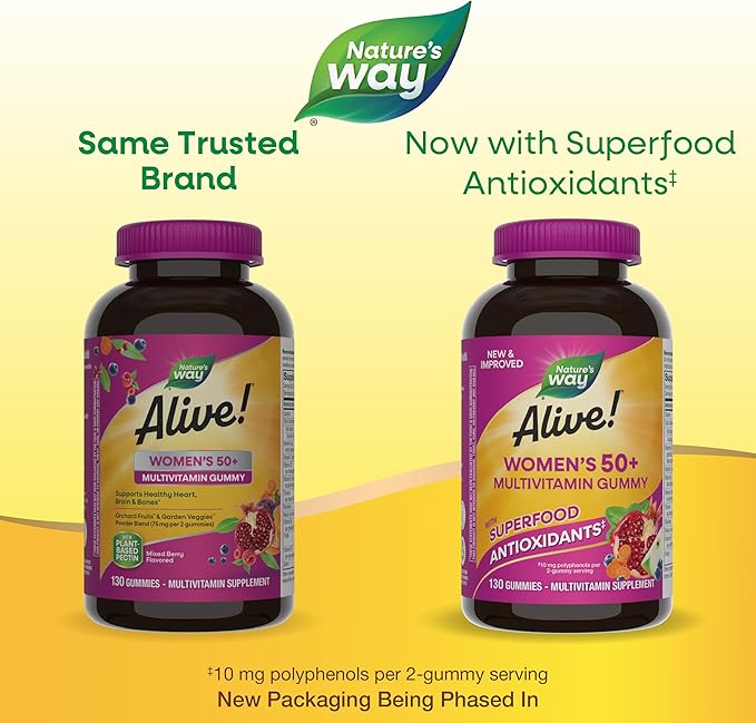 Nature's Way Alive! Women’s 50+ Daily Gummy Multivitamins, Supports Multiple Body Systems*, Supports Healthy Heart, Brain & Bones,* B-Vitamins, Mixed Berry Flavored, 130 Gummies (Packaging May Vary)