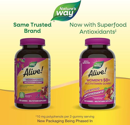 Nature's Way Alive! Women’s 50+ Daily Gummy Multivitamins, Supports Multiple Body Systems*, Supports Healthy Heart, Brain & Bones,* B-Vitamins, Mixed Berry Flavored, 130 Gummies (Packaging May Vary)
