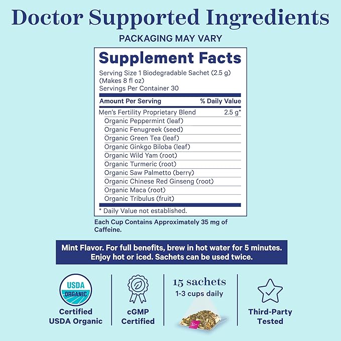 Blue Stork Men's Fertility Tea: Organic Fertility Supplements for Men, Green Tea, Maca Root, and Ginkgo Biloba for Male Reproductive Health, Mint, 15 Sachets