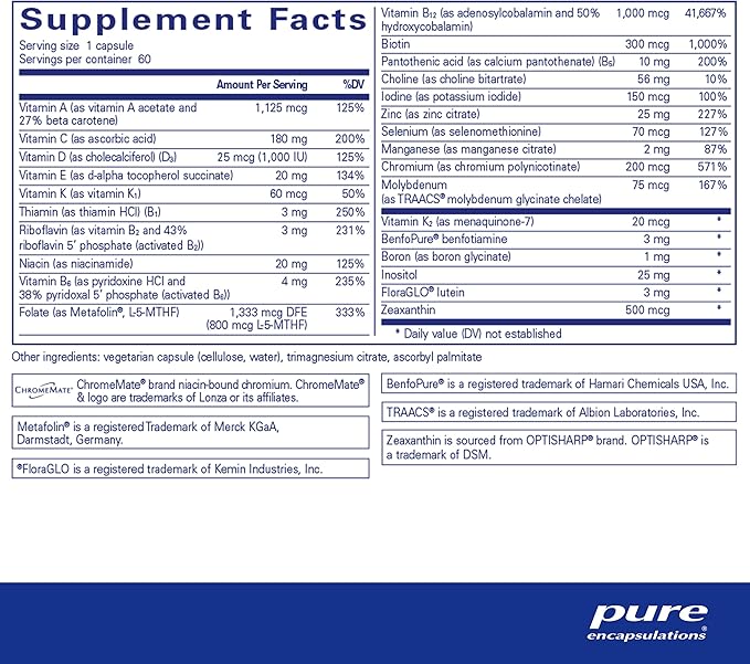 Pure Encapsulations PureGenomics Multivitamin - Supplement to Support Nutrient Requirements of Common Genetic Variations - with Vitamin A,B,C,D,E, K & Minerals - 60 Capsules