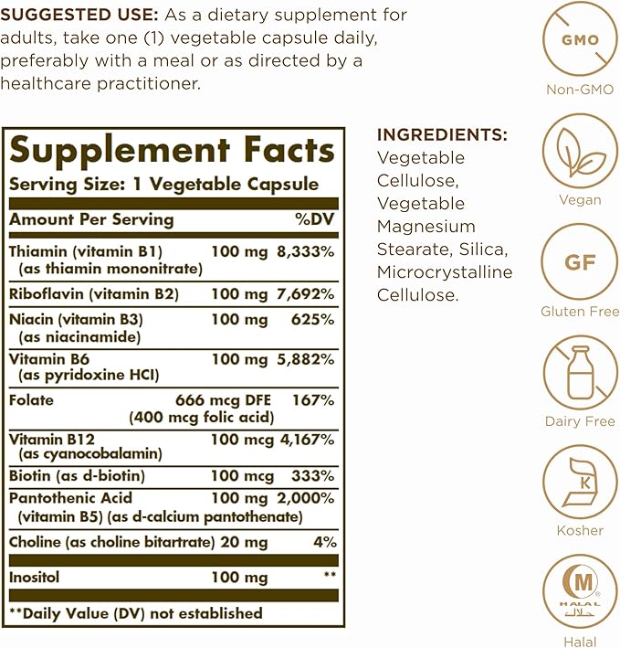 Solgar B-Complex "100" - 50 Vegetable Capsules - Energy Metabolism, Cardiovascular Health, Nervous System Support - Non-GMO, Vegan, Gluten Free - 50 Servings