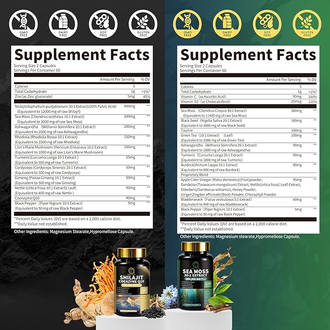 Sea Moss and Shilajit Bundle, All in 1 Supplements with Shilajit 720,000mg, Sea Moss 684,000mg, Coenzyme Q10, Black Seed, Ashwagandha, Burdock for Energy, Antioxidant, Immune Support, 240 Capsules