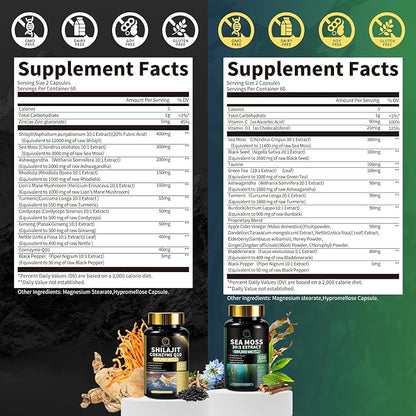 Sea Moss and Shilajit Bundle, All in 1 Supplements with Shilajit 720,000mg, Sea Moss 684,000mg, Coenzyme Q10, Black Seed, Ashwagandha, Burdock for Energy, Antioxidant, Immune Support, 240 Capsules