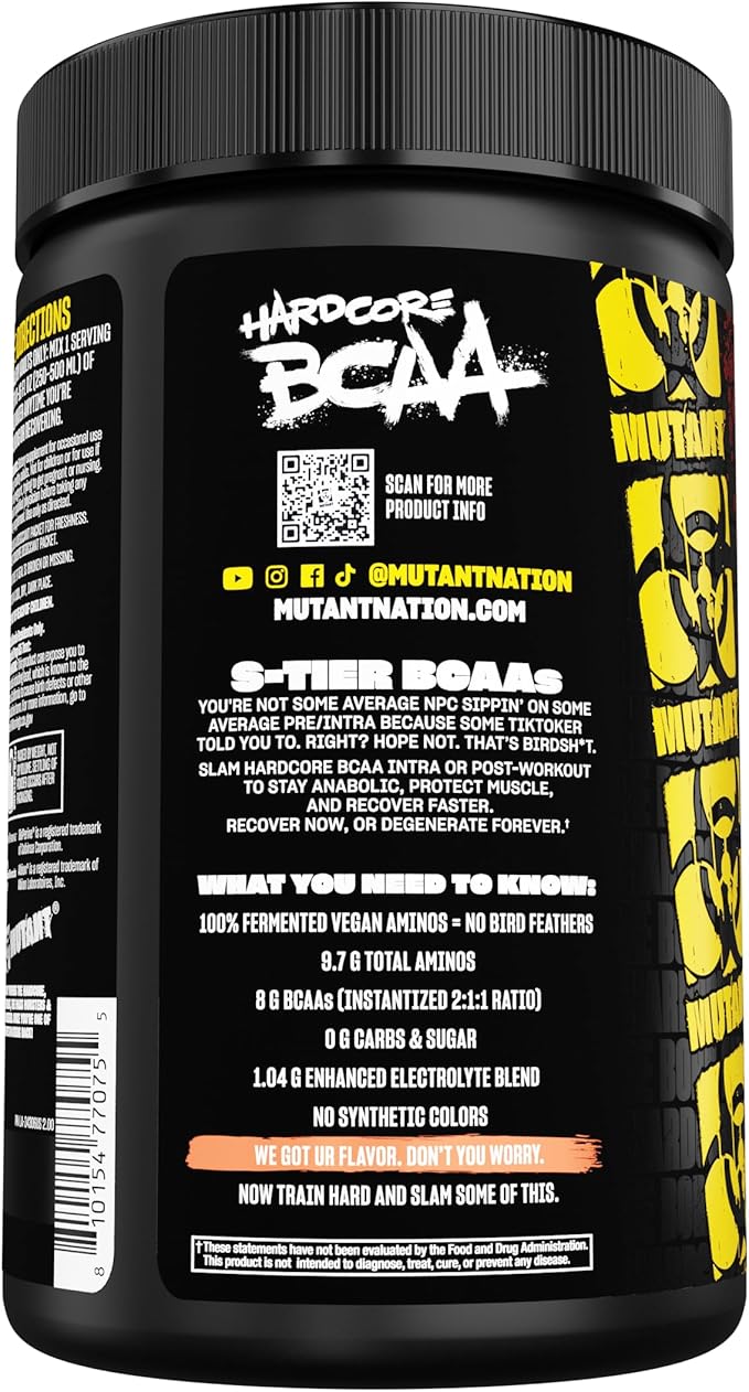 Mutant Hardcore BCAA - Pre, Intra or Post Workout – BCAA Next Level branched-Chain Amino Acids Supplement – Hydration + Recovery - 30 Serving -Peach