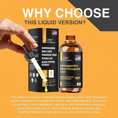 Ashwagandha Maca Fenugreek Extracts - Supports Energy & Focus - Liquid Supplement for Men & Women - 60 Day Servings, Vegan Drops (4 oz)