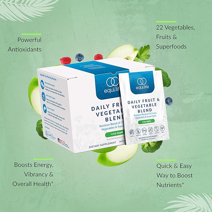 Equilife - Daily Fruit & Vegetable Blend, Fruits and Vegetables Supplements, Vitamin C, 9 Essential Amino Acids, Promotes Energy, Low-Sugar, Easy-to-Use, Vegan, Non-GMO (Crisp Apple, 30 Servings)