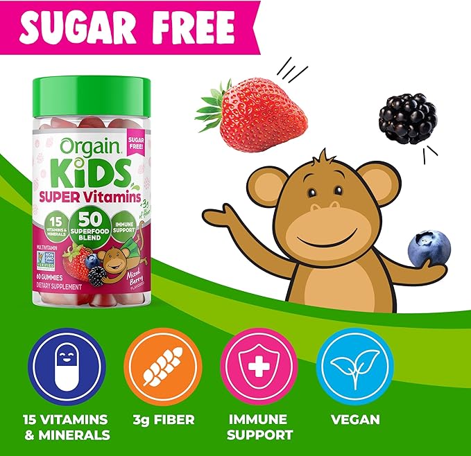 Orgain Kids Sugar Free Multivitamin Gummies, Vegan & Plant Based, 50 Superfoods, 15 Vitamins and Minerals, Immune Support and 3g of Fiber, Mixed Berry, Ages 4+, 1 Month Supply (60 Gummies)