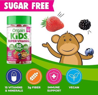 Orgain Kids Sugar Free Multivitamin Gummies, Vegan & Plant Based, 50 Superfoods, 15 Vitamins and Minerals, Immune Support and 3g of Fiber, Mixed Berry, Ages 4+, 1 Month Supply (60 Gummies)