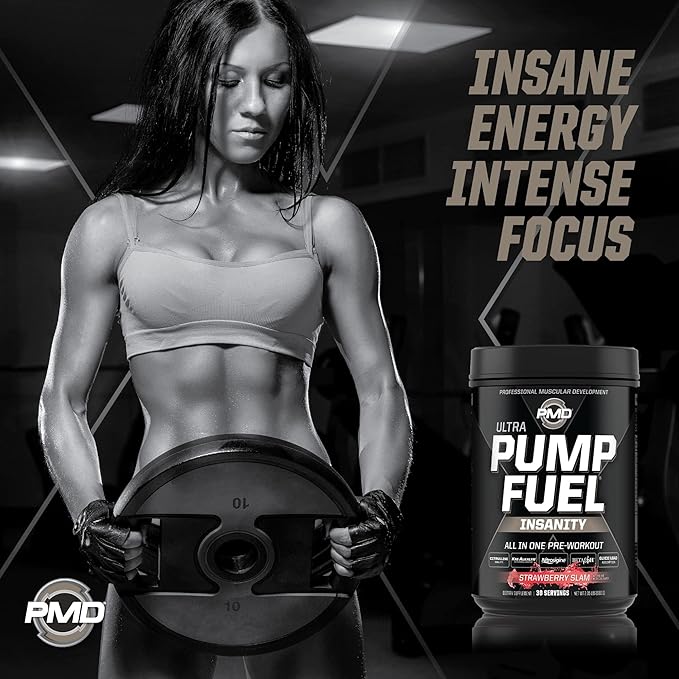 PMD Sports Ultra Pump Fuel Insanity - Pre Workout Drink Mix for Energy, Strength, Endurance, Recovery - Complex Carbohydrates and Amino Energy - Strawberry Slam (30 Servings)