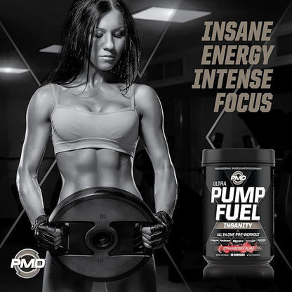 PMD Sports Ultra Pump Fuel Insanity - Pre Workout Drink Mix for Energy, Strength, Endurance, Recovery - Complex Carbohydrates and Amino Energy - Strawberry Slam (30 Servings)