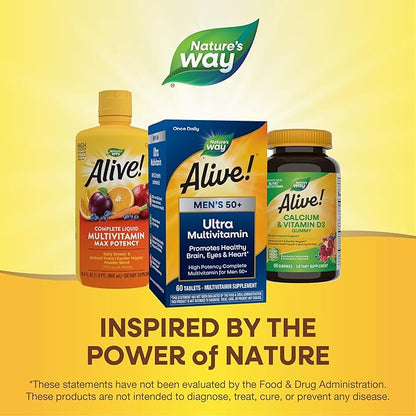 Nature's Way Alive! Men’s 50+ Daily Ultra Multivitamin, High Potency Formula, Supports Healthy Brain, Eyes & Heart*, with Methylated B12, Gluten-Free, 60 Tablets (Packaging May Vary)