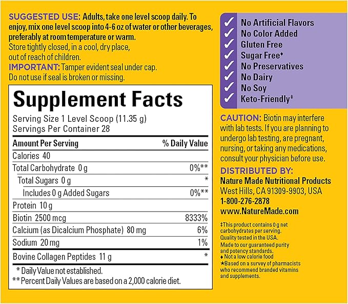 Nature Made Collagen Peptides Powder Type 1 and 3, Joint Support Collagen Powder Unflavored, Sugar Free, Keto Friendly with Biotin for Hair, Skin & Nails Support, 11.2 oz, 28 Day Supply