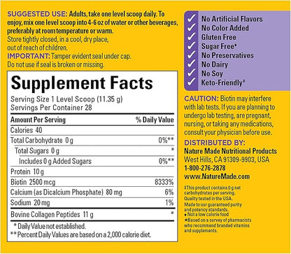 Nature Made Collagen Peptides Powder Type 1 and 3, Joint Support Collagen Powder Unflavored, Sugar Free, Keto Friendly with Biotin for Hair, Skin & Nails Support, 11.2 oz, 28 Day Supply