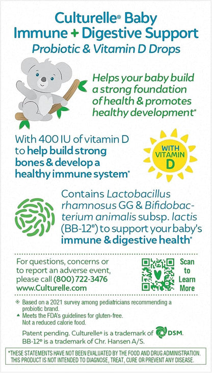 Culturelle Baby Probiotic Drops + Vitamin D, Immune & Digestive Health Support for Babies, Infants & Newborns 0-12 Months, 30 Day Supply, Gluten Free & Non-GMO, 9ml