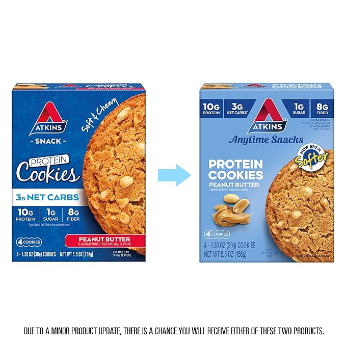 Atkins Soft Baked Energy Bars, Blueberry, 15g Protein,2g Sugar, Excellent Source & Peanut Butter Protein Cookie, Protein Dessert, Rich in Fiber, 3g Net Carb, 1g Sugar