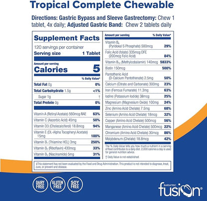 Bariatric Fusion Tropical Complete Chewable Bariatric Multivitamin with Iron for Bariatric Surgery Patients Including Gastric Bypass and Sleeve Gastrectomy - 120 Tablets