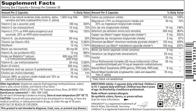 Klaire Labs Vitaprime - Twice Daily Iron-Free Multivitamin & Mineral with Methyl Folate (60 Capsules)
