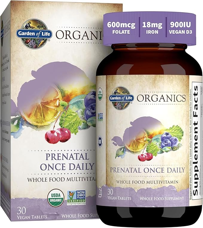 Garden of Life Organics Prenatal Vitamin: Folate for Energy & Healthy Fetal Development, Non-constipating Iron, Vitamin C, B6, B12, D3 – Organic, Non-GMO, Gluten-Free, Vegan, 30 Day Supply