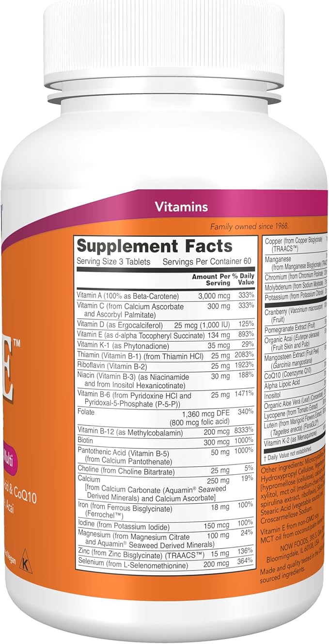 NOW Foods Supplements, Eve™ Women's Multivitamin with Cranberry, Alpha Lipoic Acid and CoQ10, plus Superfruits - Pomegranate, Acai & Mangosteen, 180 Tablets