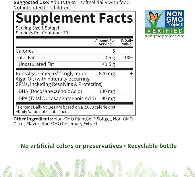 Garden of Life Omega 3 Vegan DHA Supplements Dr. Formulated Vegan DHA, 400mg DHA & 90mg DPA in Triglyceride Form from a Single Source, Omega 3 Supplement for Women's and Men's Health, 30 Softgels