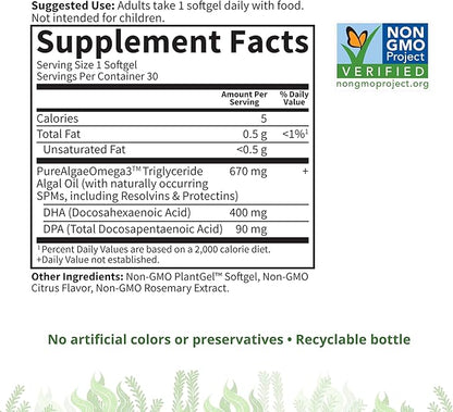Garden of Life Omega 3 Vegan DHA Supplements Dr. Formulated Vegan DHA, 400mg DHA & 90mg DPA in Triglyceride Form from a Single Source, Omega 3 Supplement for Women's and Men's Health, 30 Softgels