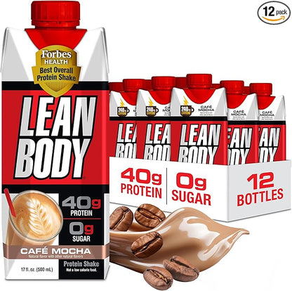 Lean Body Ready-to-Drink Café Mocha Protein Shake, 240mg Caffeine, 40g Protein, Whey Blend, 0 Sugar, Gluten Free, 22 Vitamins & Minerals, (Recyclable Carton & Lid - Pack of 12) LABRADA