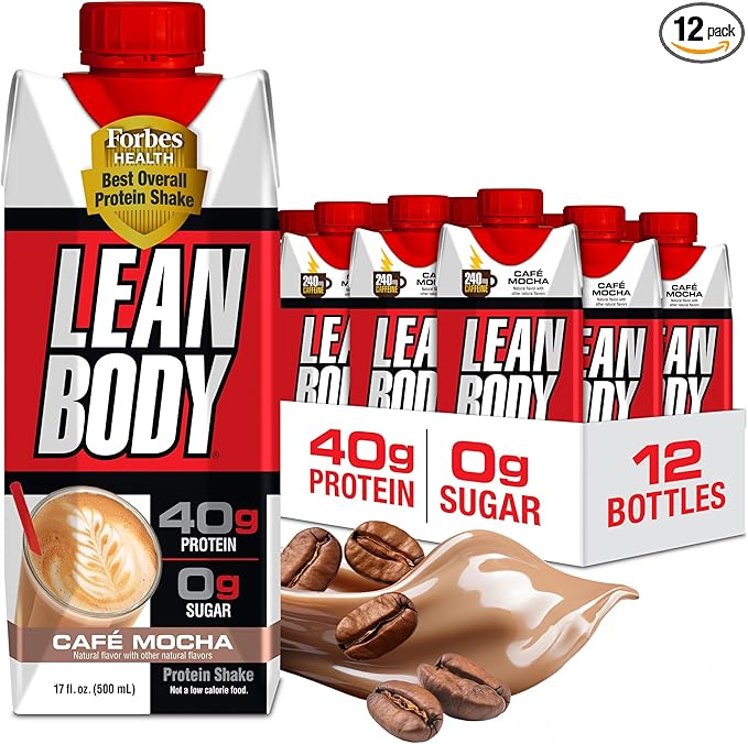 Lean Body Ready-to-Drink Café Mocha Protein Shake, 240mg Caffeine, 40g Protein, Whey Blend, 0 Sugar, Gluten Free, 22 Vitamins & Minerals, (Recyclable Carton & Lid - Pack of 12) LABRADA